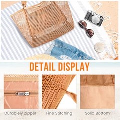Beach Bags for Women, Summer Travel Mesh Tote Bag with Large Inner Pocket, Tan