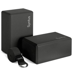 Syntus Yoga Block and Strap Set, 2 EVA Foam Soft Non-Slip Blocks Pure Black
