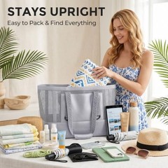 Large Mesh Beach Bag, Waterproof Bottom Tote, Structured Design 50L Grey