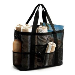 Mesh Beach Bag-Large Beach Tote for Women with Zipper Pocket, pool cruise Black