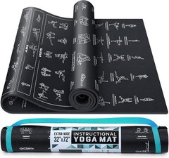 Instructional Yoga Mat with 75 Illustrated Poses and Carrying Strap for Comfort