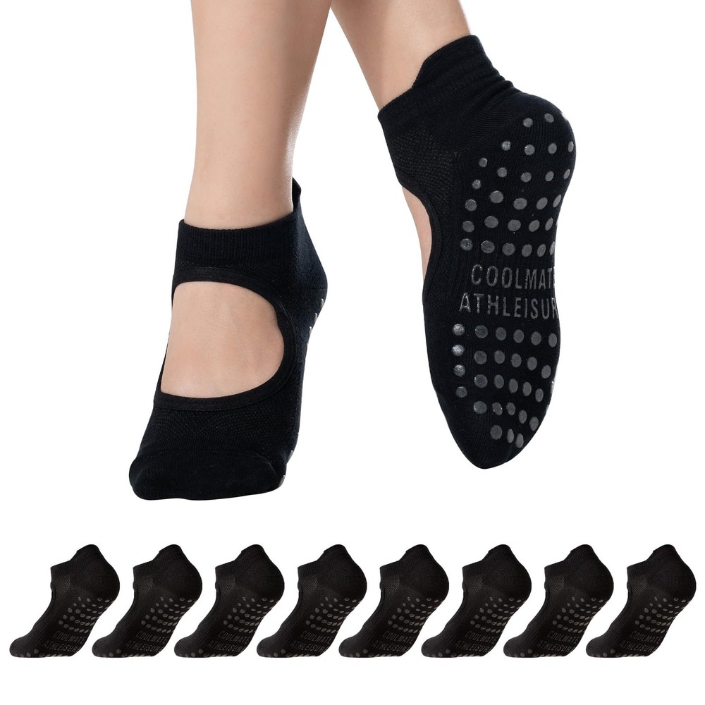 CoolMate Pilates Socks with Grips for 6-10, A-01b. 4 Pairs Open Top Black