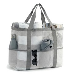 Mesh Beach Bag-Large Beach Tote for Women with Zipper Pocket, pool cruise White