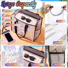 4-pcs Large Iridescent Clear Beach Bags Set for Women with Printed Text, Black