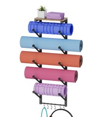 5 Tiers Yoga Mat Holder Rack Wall Mount with 6 Hooks for Hanging Accessory Yo…