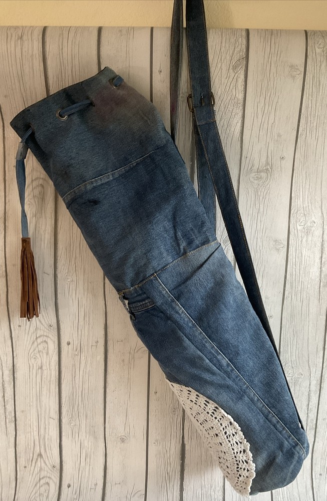Yoga Mat Carry Bag Shoulder Boho OOAK Retro Distressed Upcycle Denim Blue Jeans