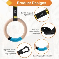 Cupbunny Wooden Gym Rings with 9ft Double-Layer Numbered Straps Quick black