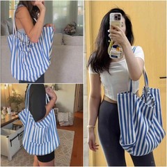 canvas tote bag for women, beach striped medium size shoulder bag with pocket…