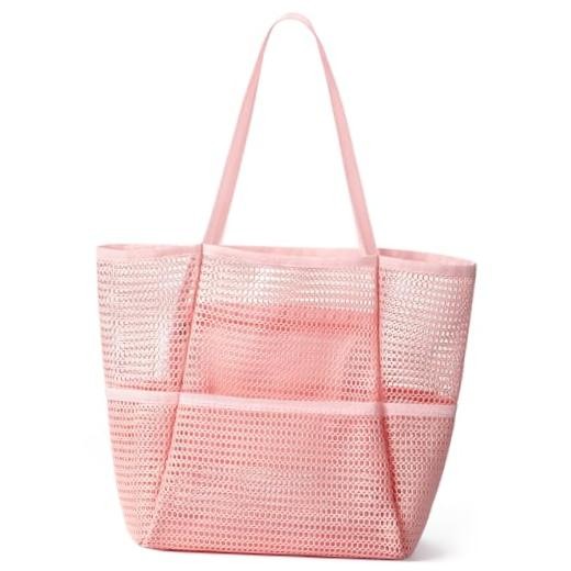 Crochet Tote Bag, Mesh Beach Bag, Knitted Shoulder Beach Bags for Women Pink