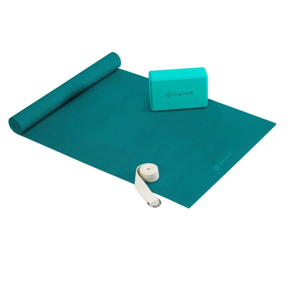 GAIAM BEGINNERS YOGA KIT 4 MM MAT, STRAP, AND BRICK, TEAL *DISTRESSED PKG