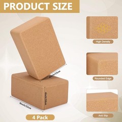 Cork Yoga Blocks 4-Pack Wide Non-Slip Support for Poses & Stretching