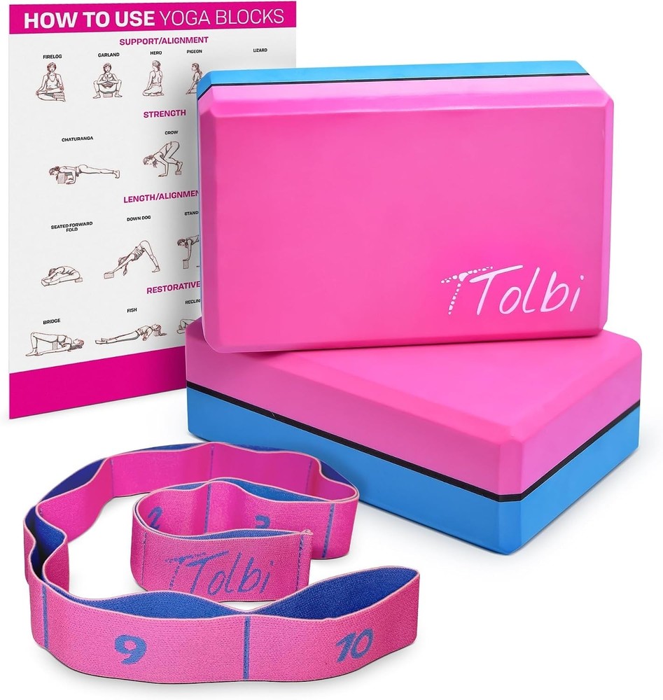 Yoga Blocks 2 Pack with Strap & Guide – Non-Slip EVA Foam Pilates Blocks
