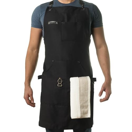 Chef and BBQ Apron with Bottle Opener and Hand Towel – 10oz Cotton Black