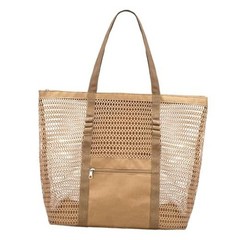 Mesh Beach Bags for Women with Zipper Foldable Hobo Tote Bag Vacation Khaki