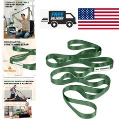 Yoga Strap for Flexibility 75 Inch Green Non Stretch with 10 Loops for Beginners