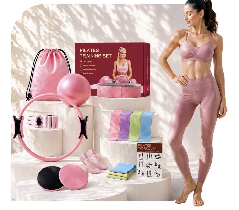 Pilates Training Set Pilates Ring Kit w/ Ball, Gliders, Bands, Tube Bands Pink