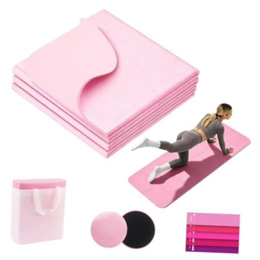 Foldable Yoga Mat with Resistance Band & Sliding Discs, 0.24″ Thick Eco PInk