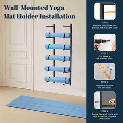 Yoga Mat Holder Wall Mount with 12 Straps, 6 Tier Metal Yoga Mat Storage Rack Ho