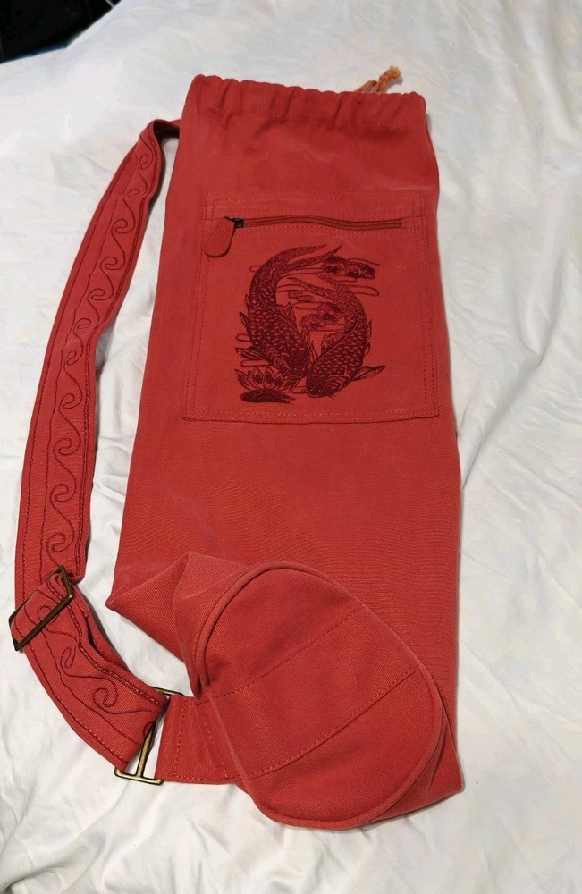 Gaiam Embroidered Cargo Yoga Mat Bag Red Canvas Not So Coy Koi Fish Sling