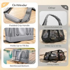 Large Mesh Beach Bag, Waterproof Bottom Tote, Structured Design 50L Grey