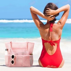 Crochet Tote Bag, Mesh Beach Bag, Knitted Shoulder Beach Bags for Women Pink