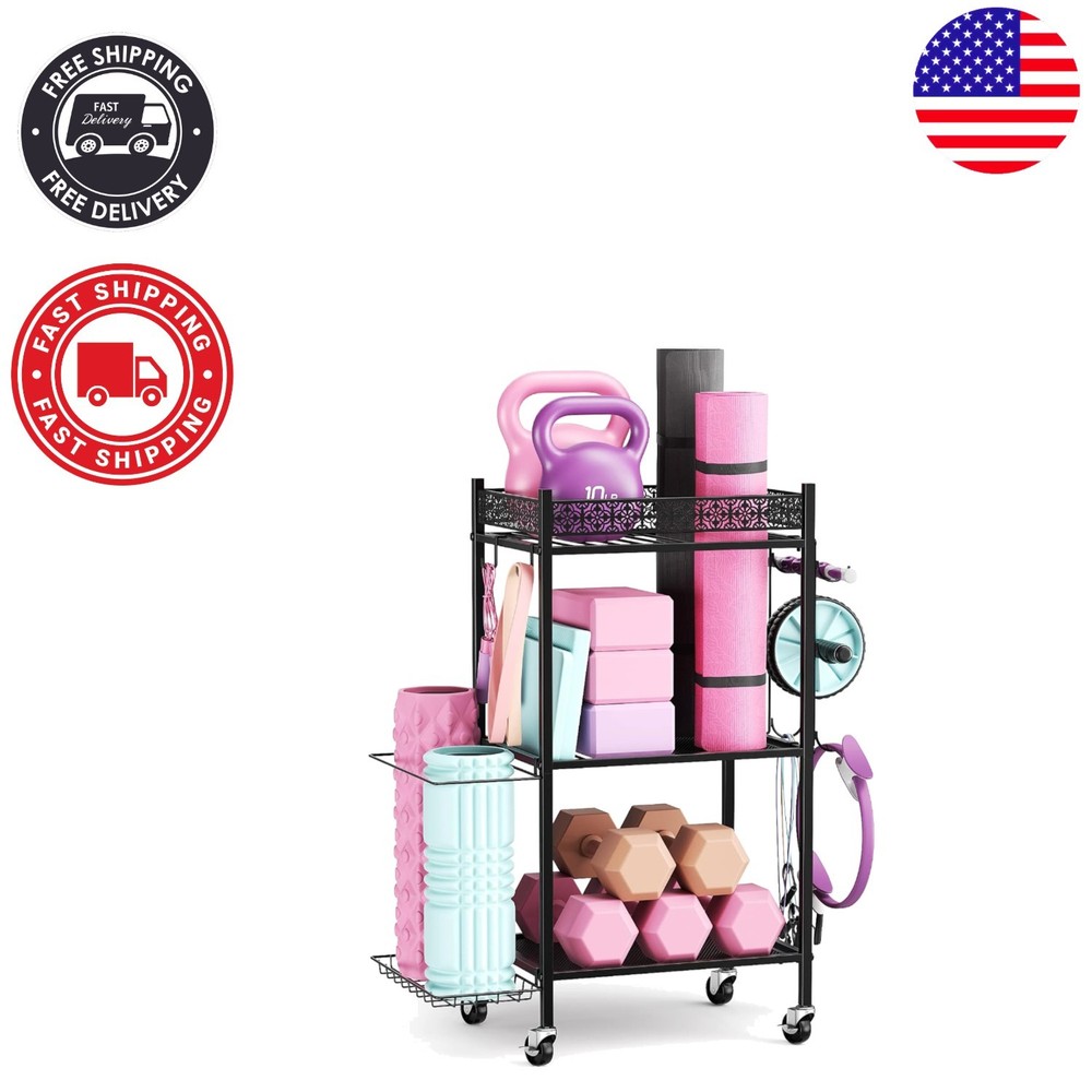 Efficient 3-Layer Home Gym Storage Rack with Wheels for Yoga & Fitness Equipment