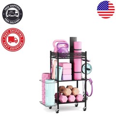Efficient 3-Layer Home Gym Storage Rack with Wheels for Yoga & Fitness Equipment