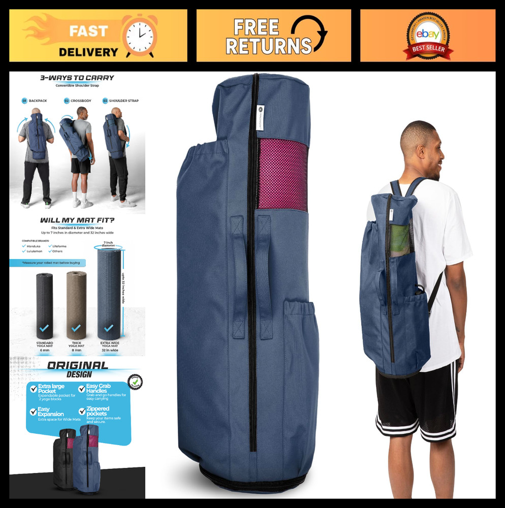Yoga Mat Bag with Pockets & Adjustable Strap – Fits Mats & Accessories, 32″ L
