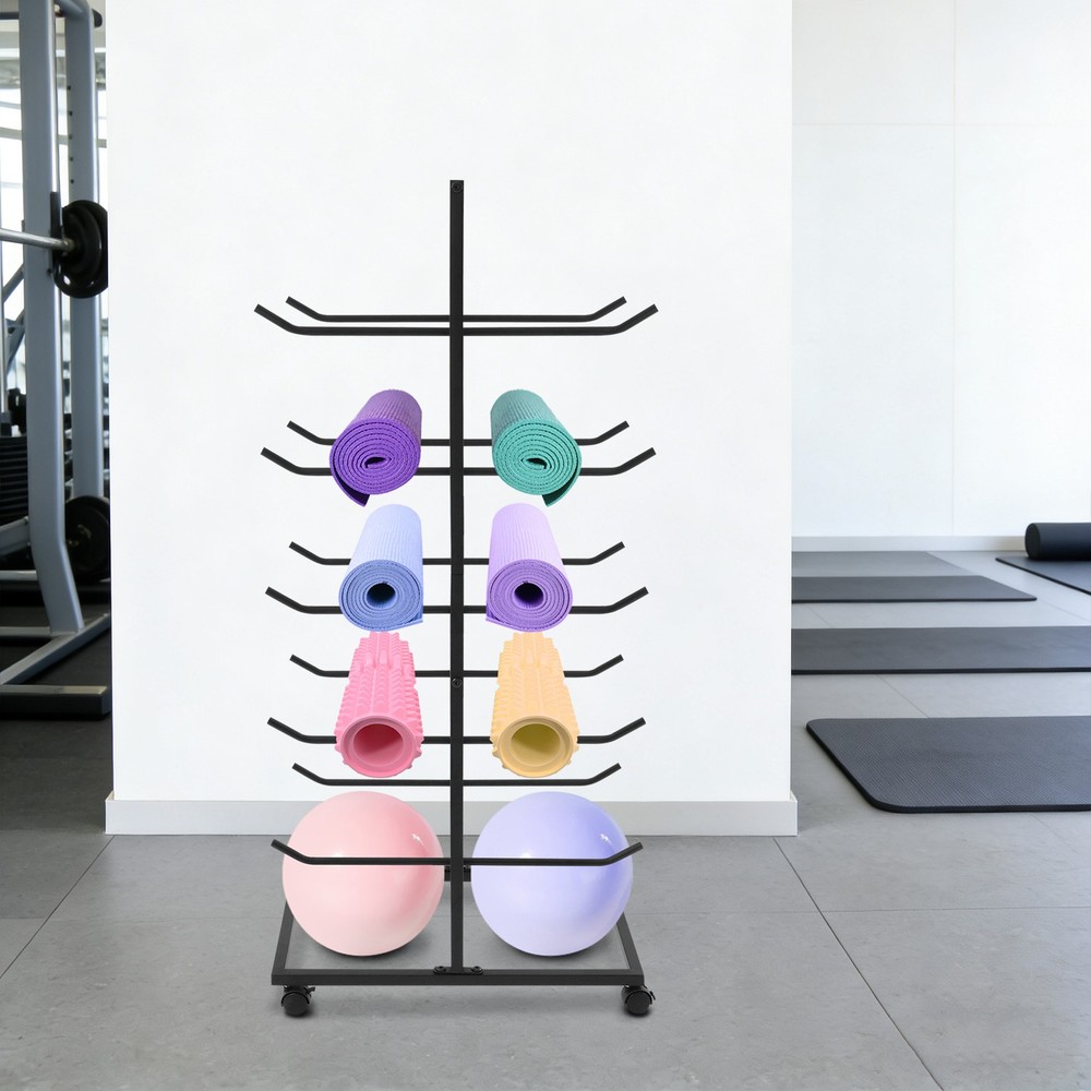 5 Tier Metal Yoga Mat Holder Yoga Mat Storage Rack w/Wheels 60*40*130cm