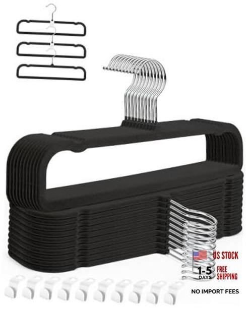 Velvet Pants Hangers with Non Slip Bar, 20 Pack Felt Trouser Hanger, Black