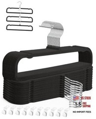 Velvet Pants Hangers with Non Slip Bar, 20 Pack Felt Trouser Hanger, Black