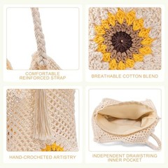 Crochet Beach Bag for Women: Handmade Sunflower Tote with Boho Fringe, Beige