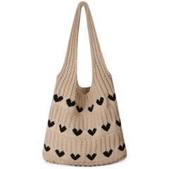 Crochet Tote Bag, Mesh Beach Bag, Knitted Shoulder Beach Bags Heart – Khaki