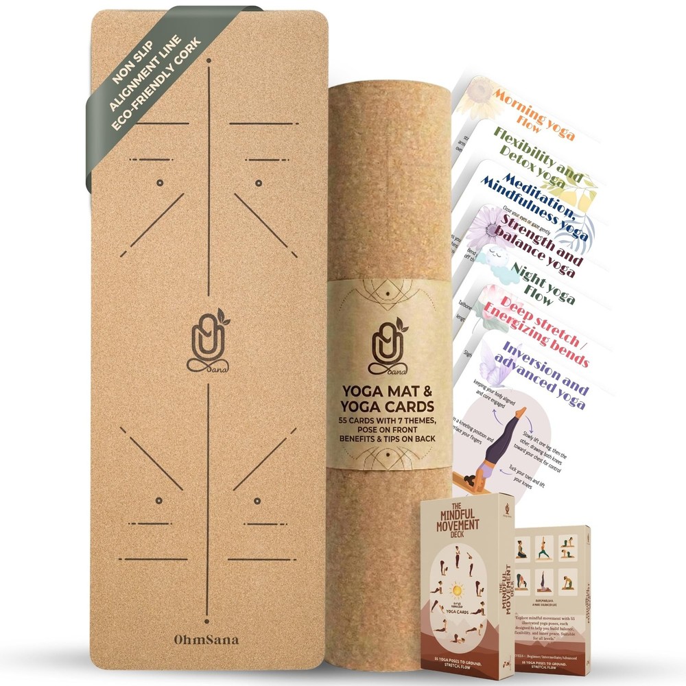 Natural Cork Yoga Mat with Alignment Lines and 55 Instructional Car… Fast Ship