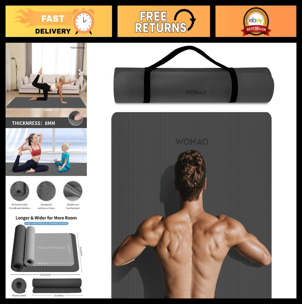 Extra Wide 8mm Non-Slip Yoga Mat 72″x31.5″ Thick Exercise Mat with Strap for Hom